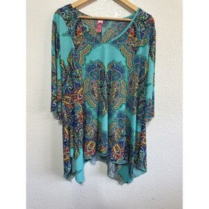 Honeyme Curvy Paisley Sharkbite Hem Tunic Top Teal Multi 3/4 Sleeve Plus Size 2X
